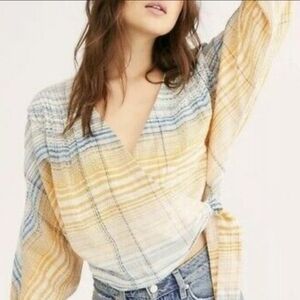 WE THE FREE people MALDIVES crop top XS blue+yellow long sleeve wrap blouse